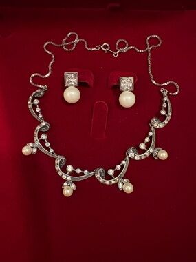 Vintage Sterling Pearl and Crystal Drop Necklace With Earrings Set